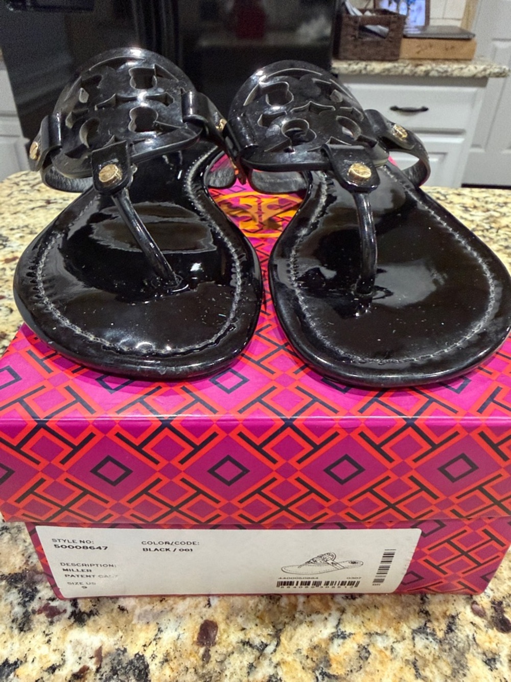 Tory Burch Black Patent Leather Miller Thong Sandals